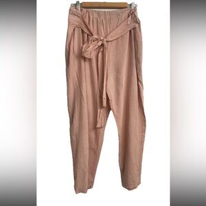 Saga 100% Linen Pants Womens One Size Cropped Pink Harem Tie Waist Made In Italy